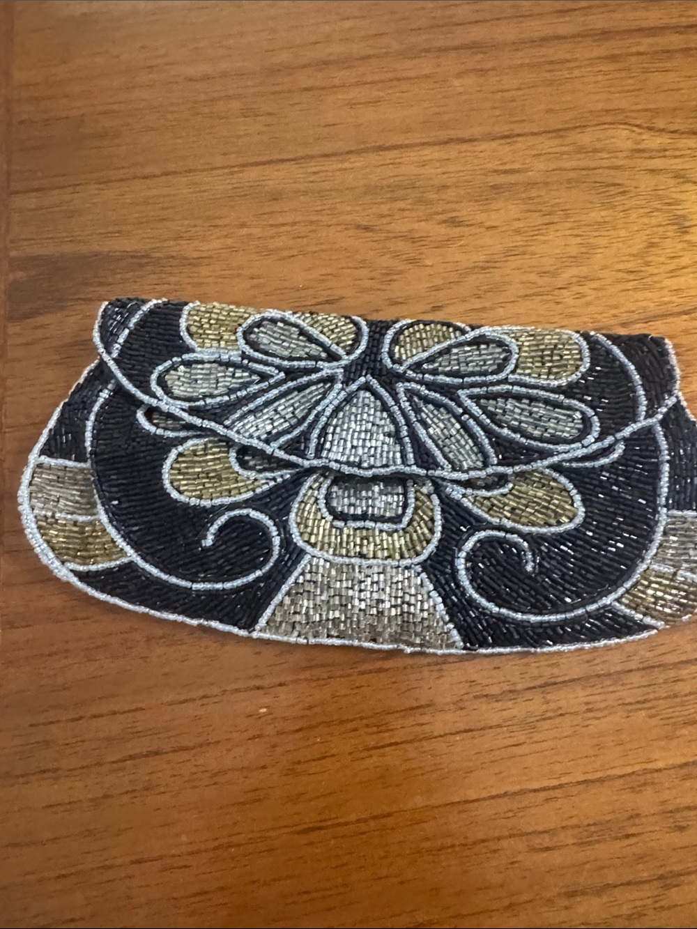 Beaded Black and Gold Floral-Pattern Evening Clutch